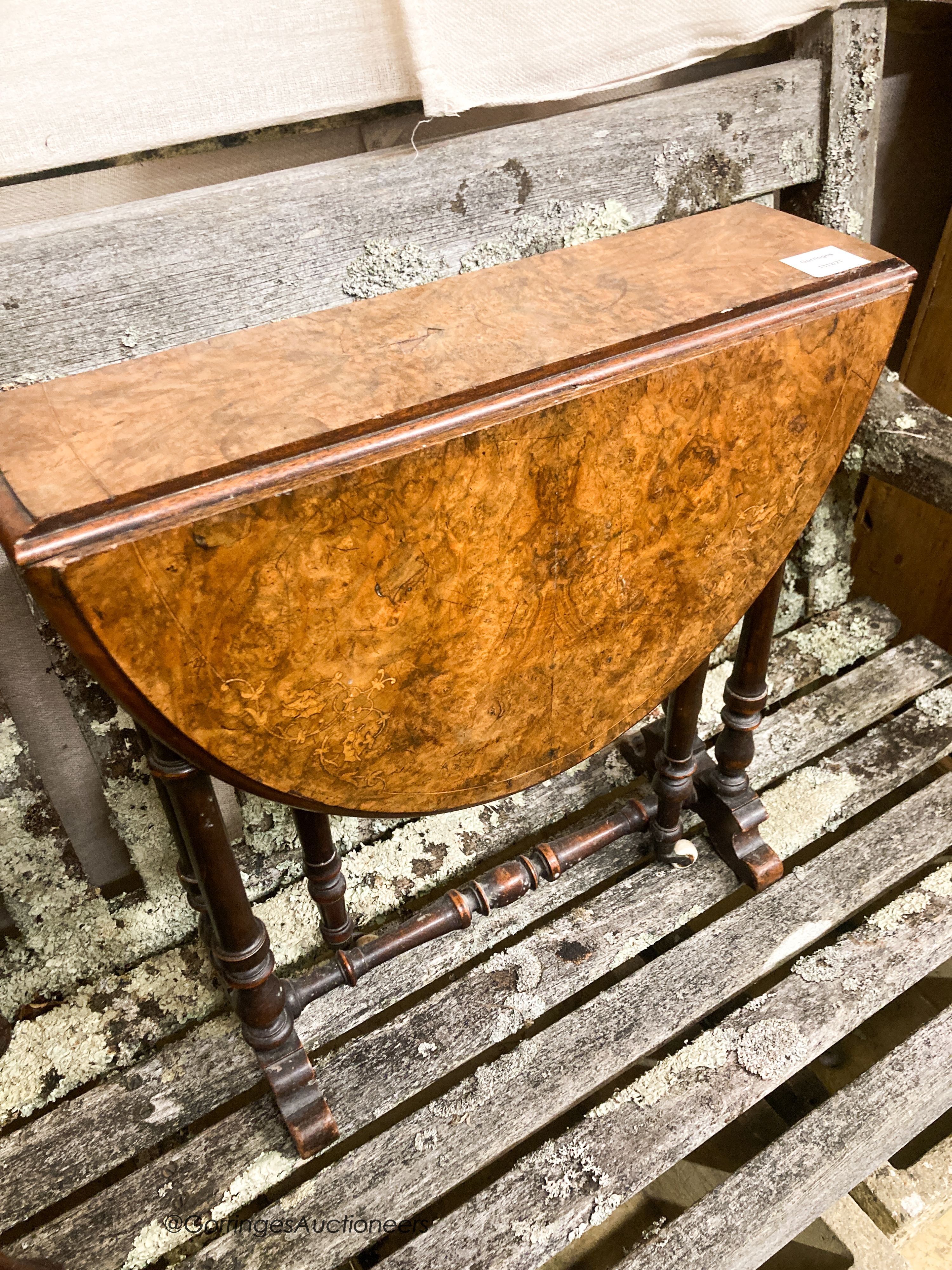 A Victorian walnut Sutherland table, W.52cm H.54cm together with a Queen Anne revival walnut drop flap bedside table